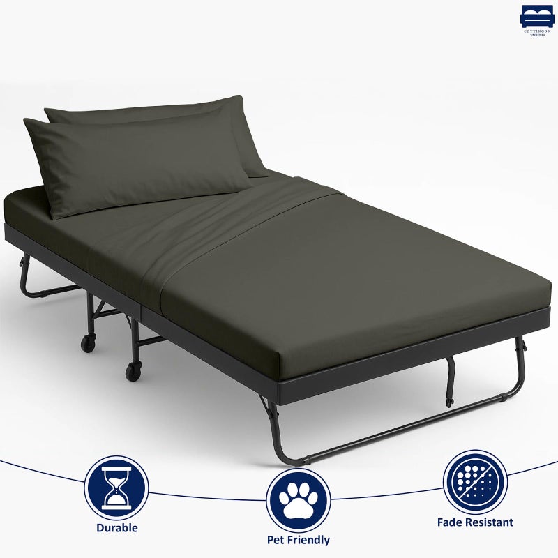 Cottingon 33"x75" Cot Sheet and Pillow Case 4 Piece Set, 100% Egyptain Cotton Soft Bedding Perfect for Rollaway, Folding, Guest Bed Frame, Fits Upto 7" Deep Mattress, Dark Grey Solid - Image 5